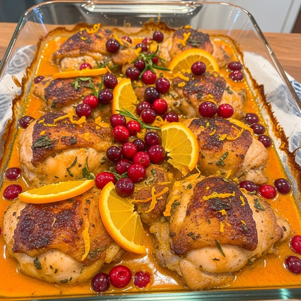 Elegant Cranberry Orange Chicken Bake with melted brie and fresh cranberries—easier than you think!