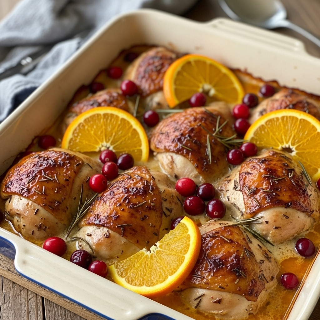 Elegant Cranberry Orange Chicken Bake with melted brie and fresh cranberries—easier than you think!