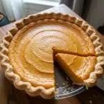 homemade sweet potato pie with orange filling and flaky crust on a white plate