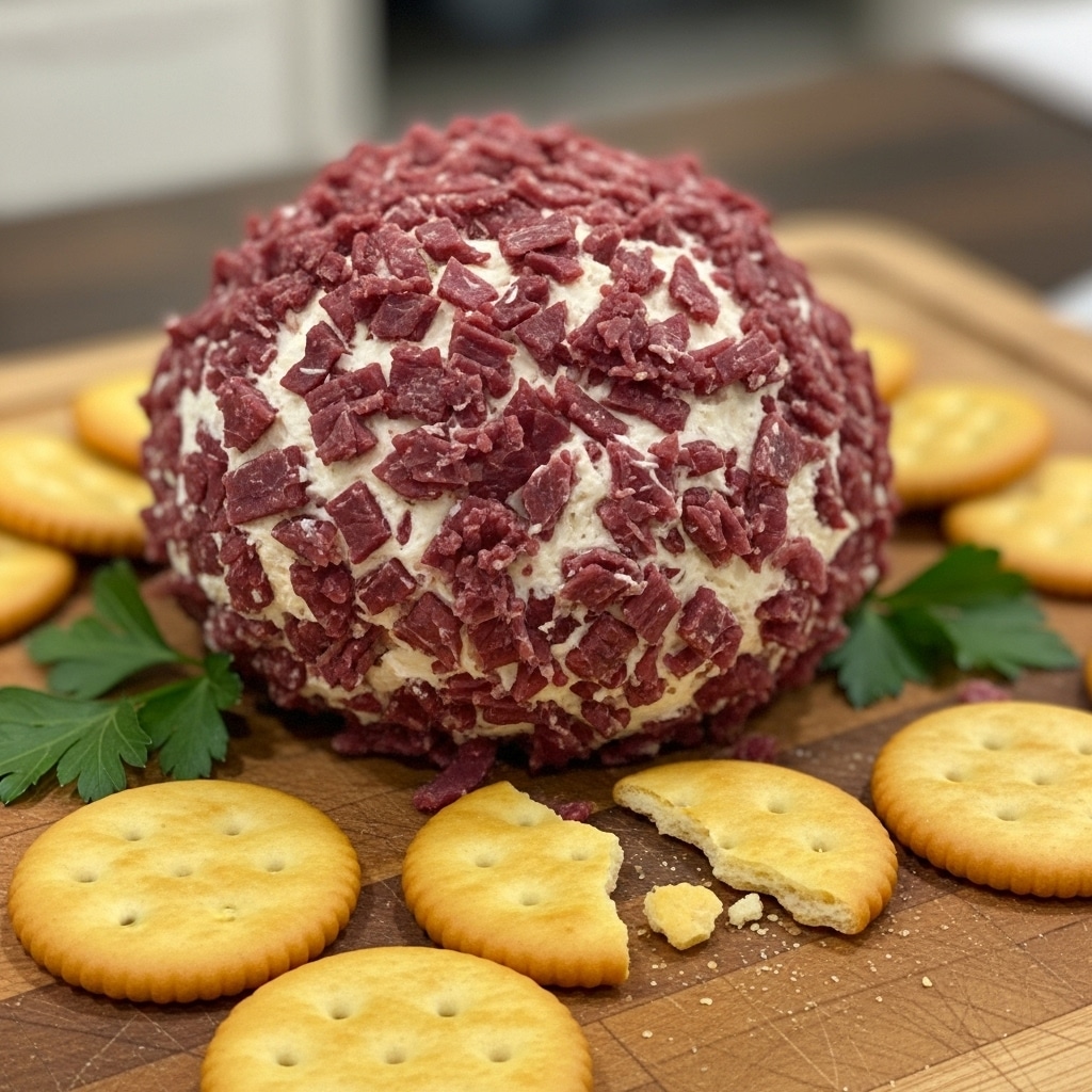 Chipped Beef Cheese Ball disappears faster than anything else at my parties. Cream cheese, dried beef, and green onions come together for the ultimate savory appetizer