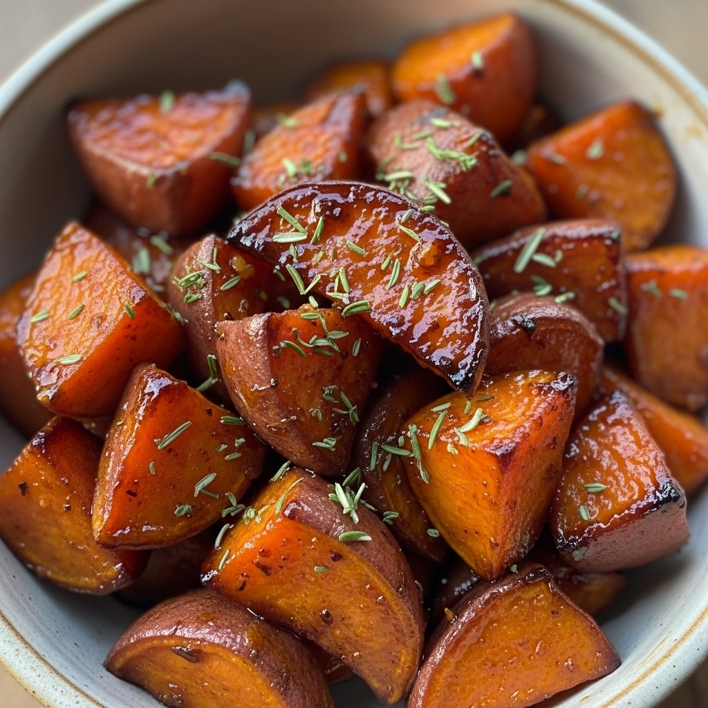 Golden brown maple glazed roasted sweet potato cubes on a white serving platter
