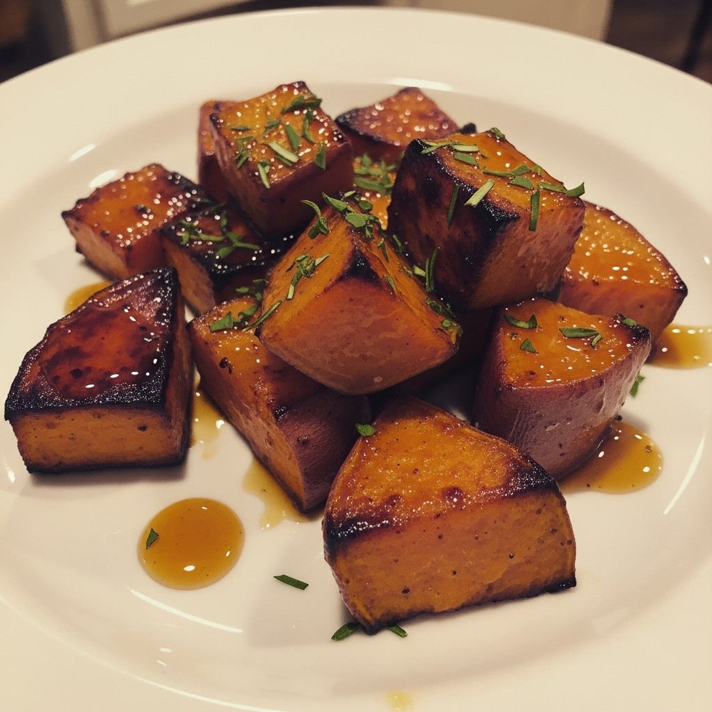 Golden brown maple glazed roasted sweet potato cubes on a white serving platter