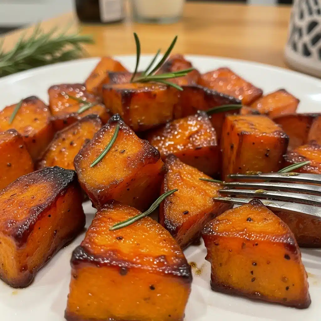 Maple Glazed Roasted Sweet Potatoes 7 Golden brown maple glazed roasted sweet potato cubes on a white serving platter