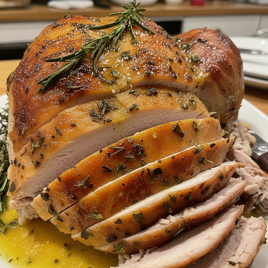 Golden roasted turkey breast with crispy herb-butter skin resting on a white platter