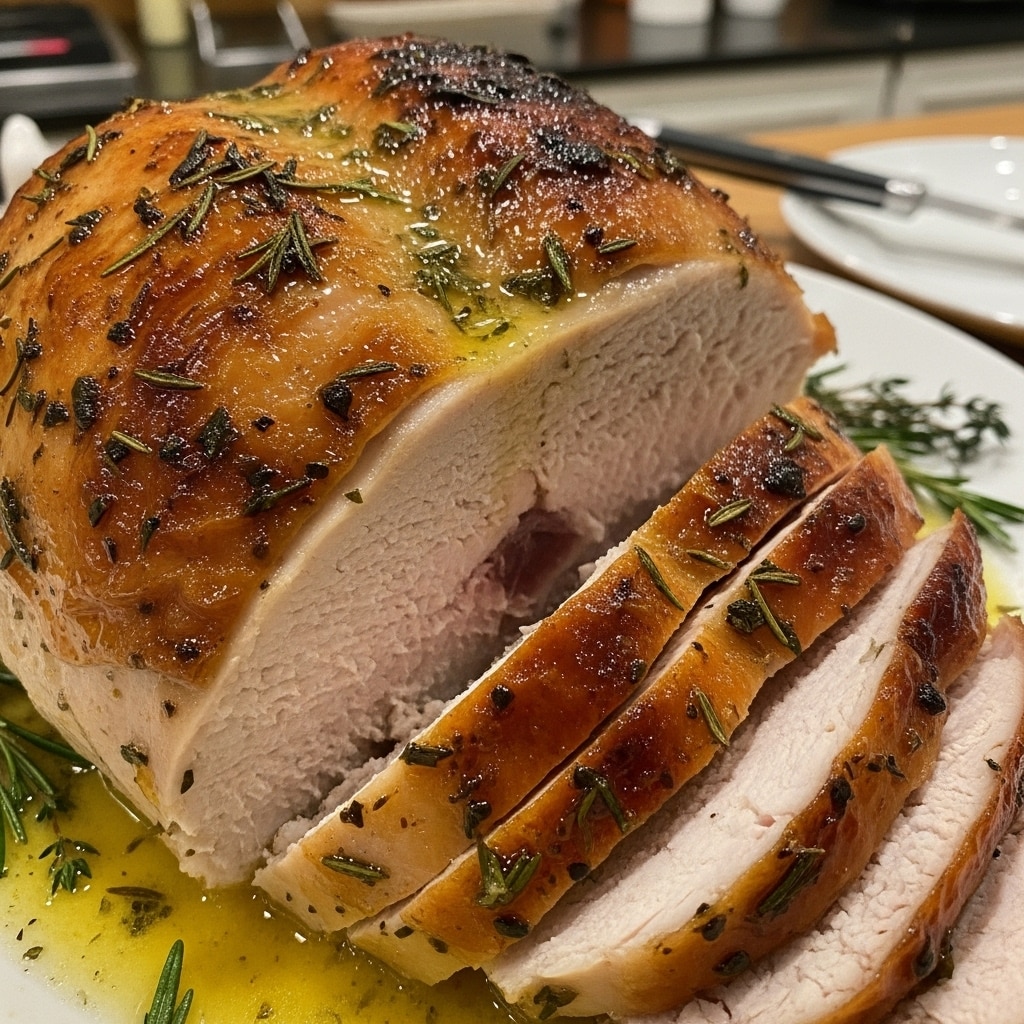 Golden roasted turkey breast with crispy herb-butter skin resting on a white platter