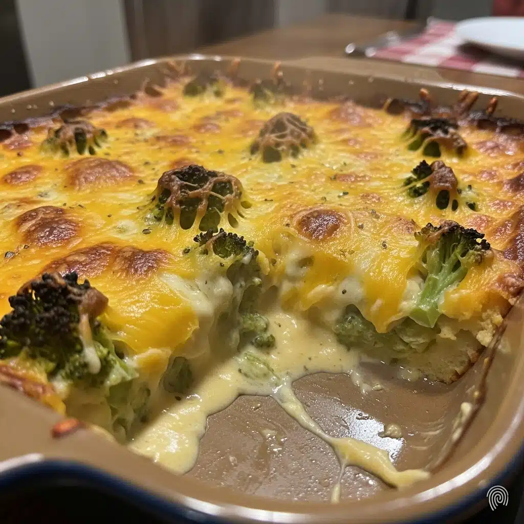 Broccoli Cheese Casserole 6 Golden-brown broccoli cheese casserole in a white baking dish with buttery cracker topping, showing creamy cheesy broccoli filling