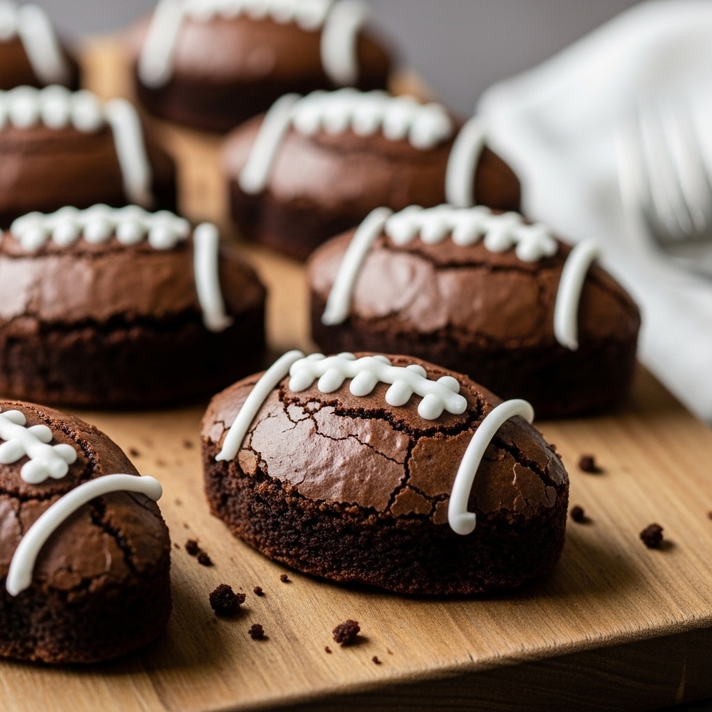 Rich fudgy football brownies decorated with white icing to look like football laces, arranged on a platter for a fun game-day treat.
