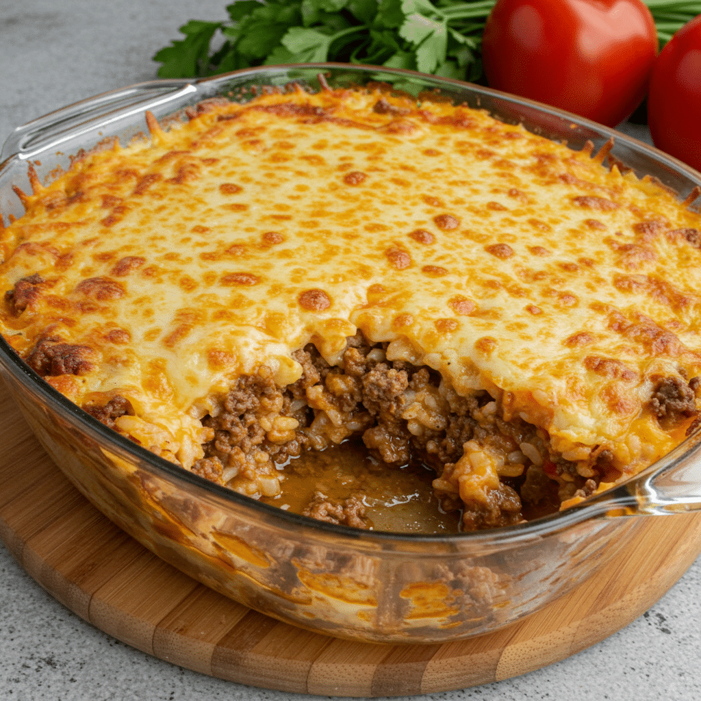 Golden-brown ground beef rice casserole in a white baking dish with melted cheddar cheese on top, served hot with a wooden spoon