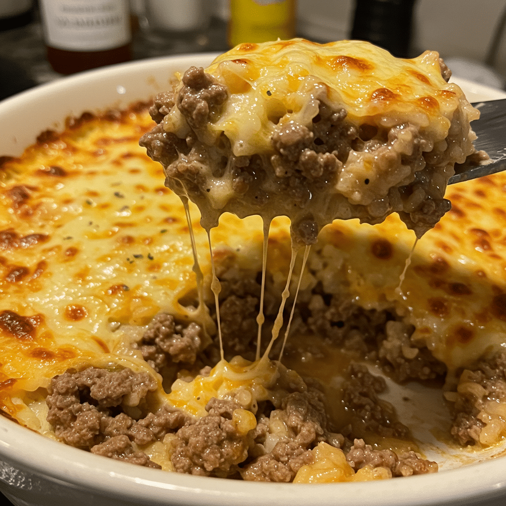 Golden-brown ground beef rice casserole in a white baking dish with melted cheddar cheese on top, served hot with a wooden spoon
