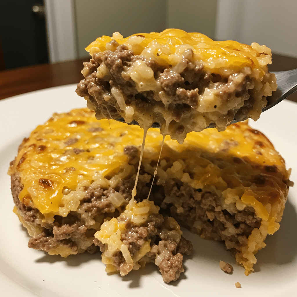 Golden-brown ground beef rice casserole in a white baking dish with melted cheddar cheese on top, served hot with a wooden spoon