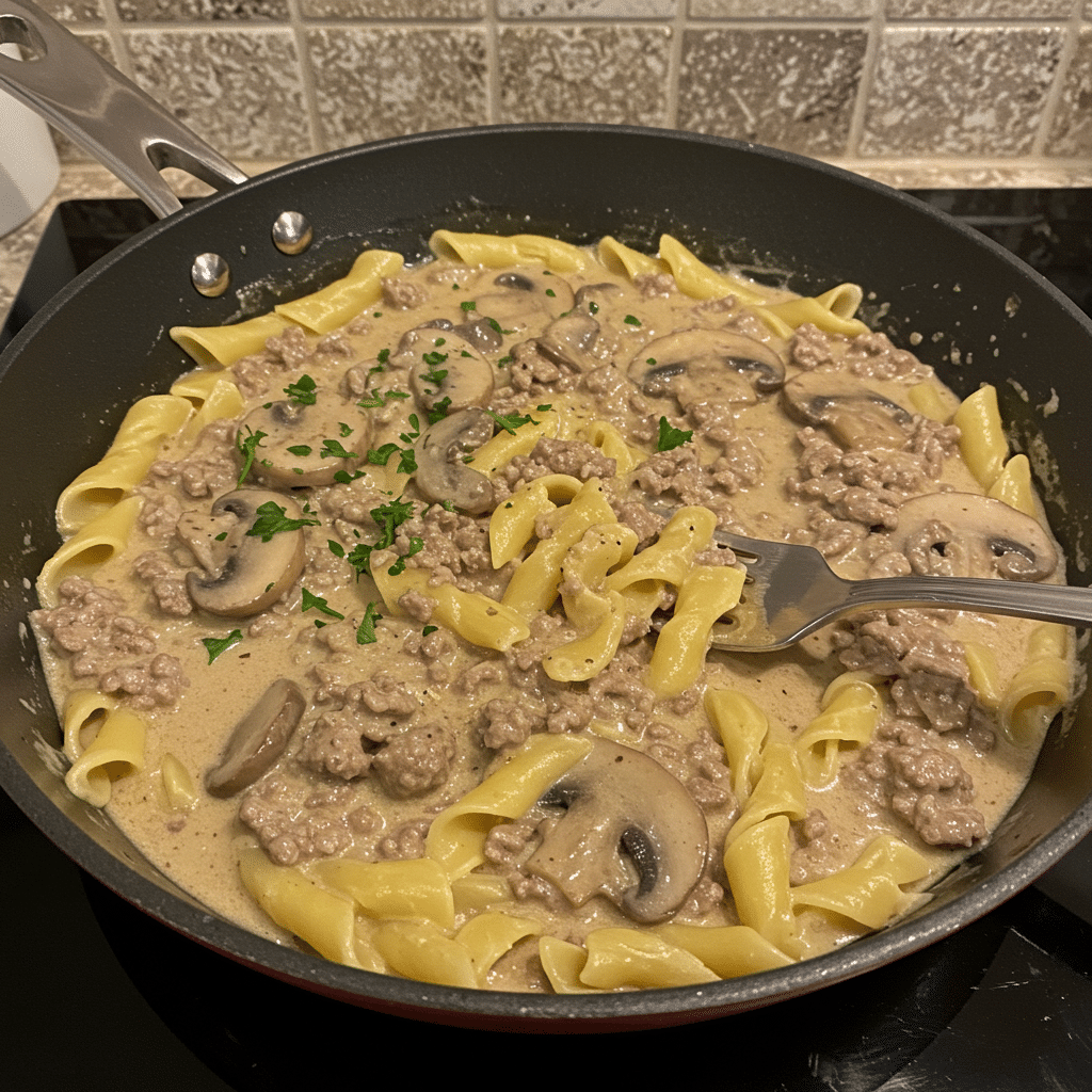 Creamy ground beef stroganoff in a skillet with tender mushrooms and rich sauce, served over egg noodles
