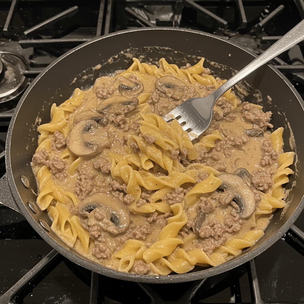 Creamy ground beef stroganoff in a skillet with tender mushrooms and rich sauce, served over egg noodles