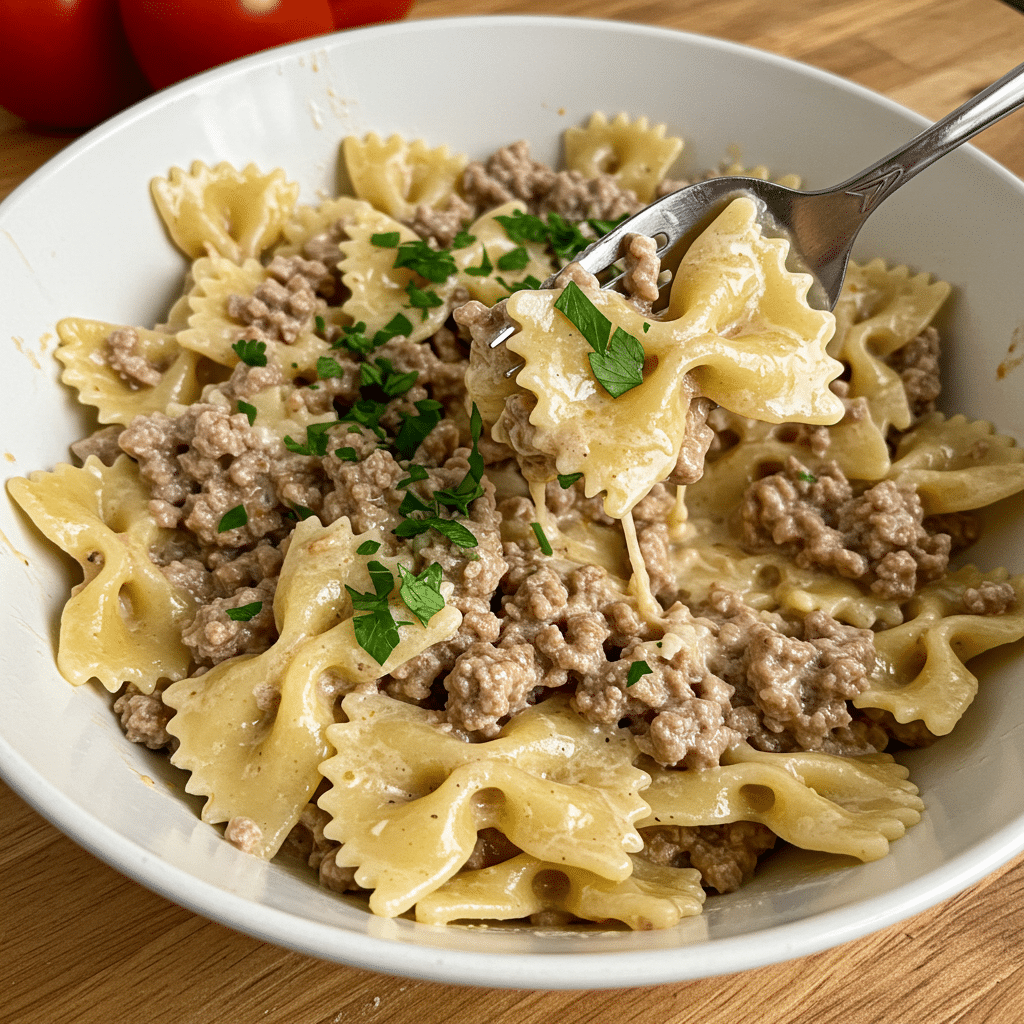 Creamy bowtie pasta with ground beef in a skillet topped with melted cheddar cheese and fresh parsley