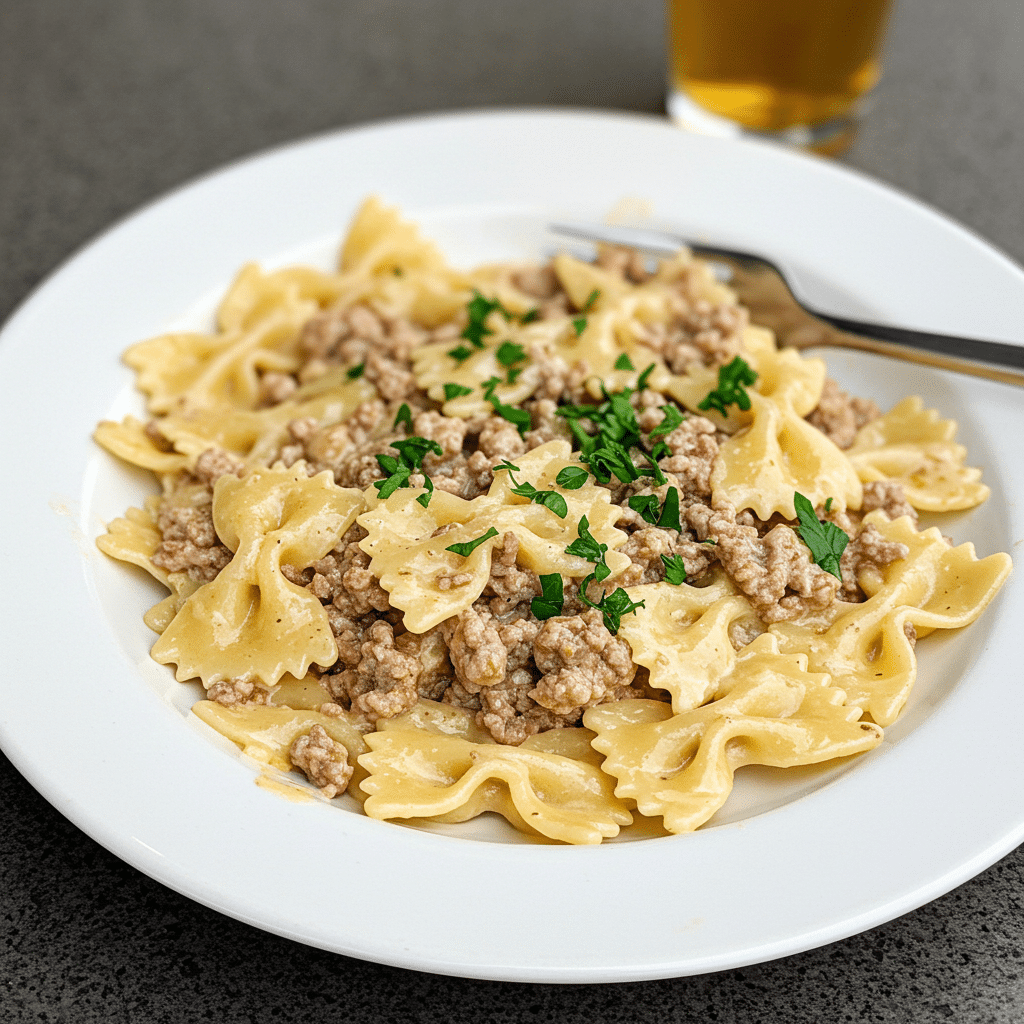 Creamy bowtie pasta with ground beef in a skillet topped with melted cheddar cheese and fresh parsley