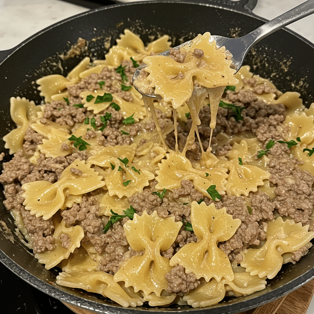 Creamy bowtie pasta with ground beef in a skillet topped with melted cheddar cheese and fresh parsley