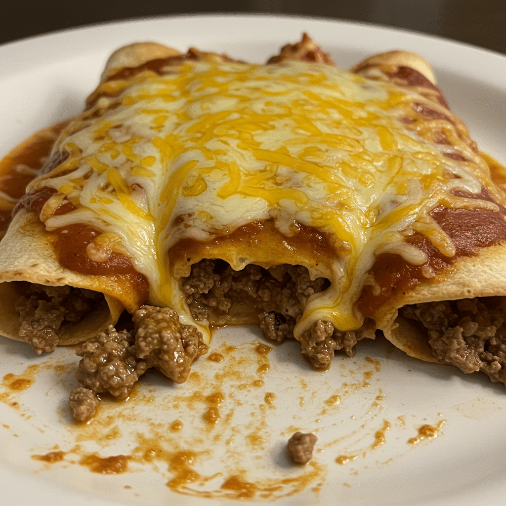 A 9x13 baking dish filled with rolled corn tortillas covered in red enchilada sauce and melted golden Cheddar cheese, topped with sour cream and fresh cilantro