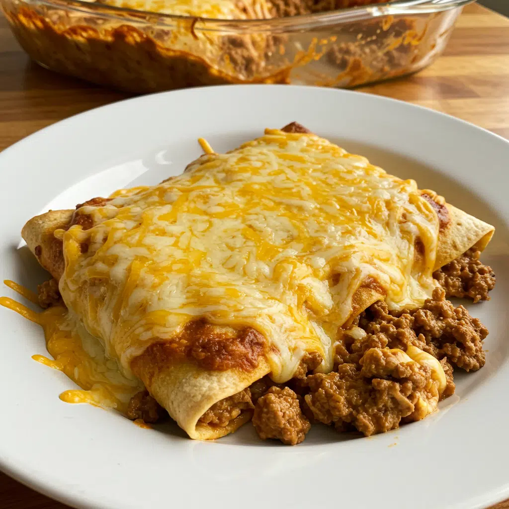 A 9x13 baking dish filled with rolled corn tortillas covered in red enchilada sauce and melted golden Cheddar cheese, topped with sour cream and fresh cilantro