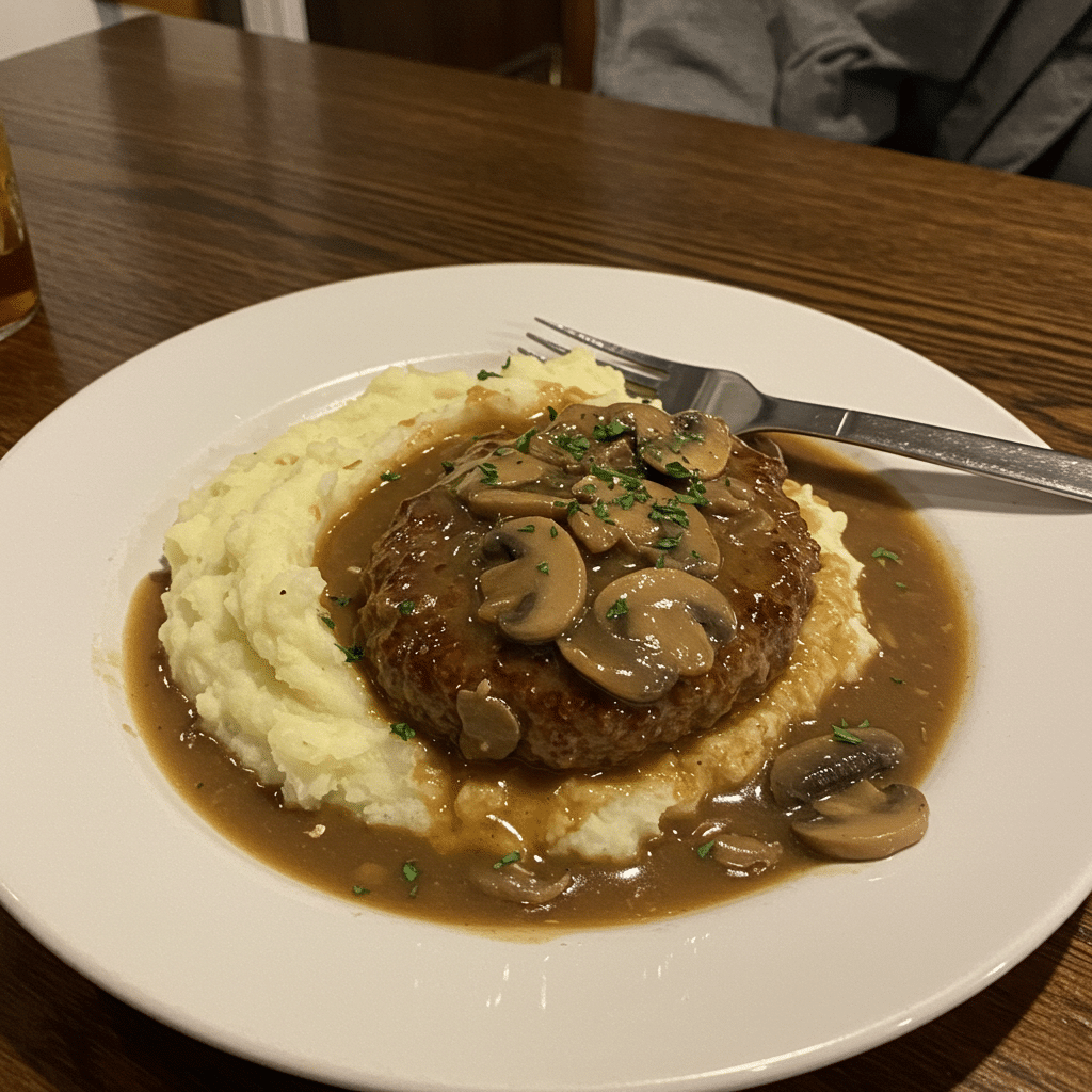 Classic Salisbury steak patties smothered in rich mushroom gravy served over creamy mashed potatoes with roasted broccoli on a white plate