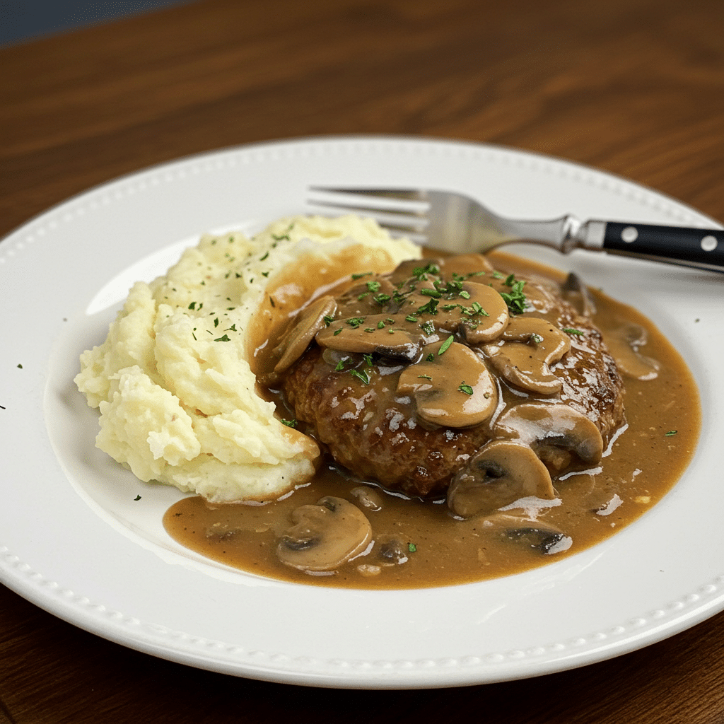 Classic Salisbury steak patties smothered in rich mushroom gravy served over creamy mashed potatoes with roasted broccoli on a white plate