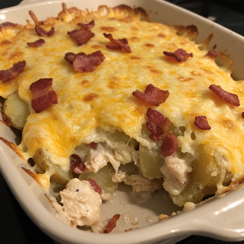 Loaded potato ranch chicken casserole in white baking dish with golden roasted potatoes, chicken, melted cheese, bacon, and green onions