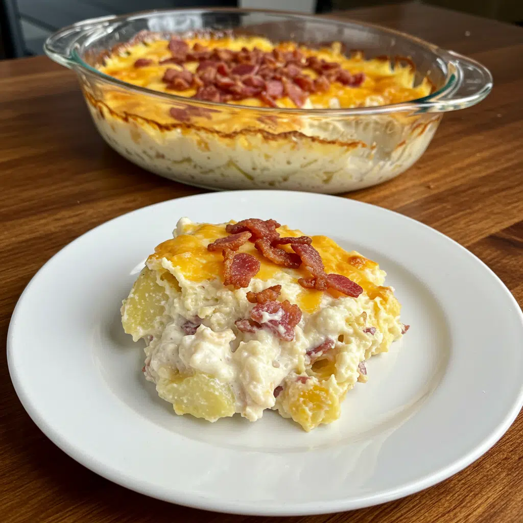 Loaded potato ranch chicken casserole in white baking dish with golden roasted potatoes, chicken, melted cheese, bacon, and green onions
