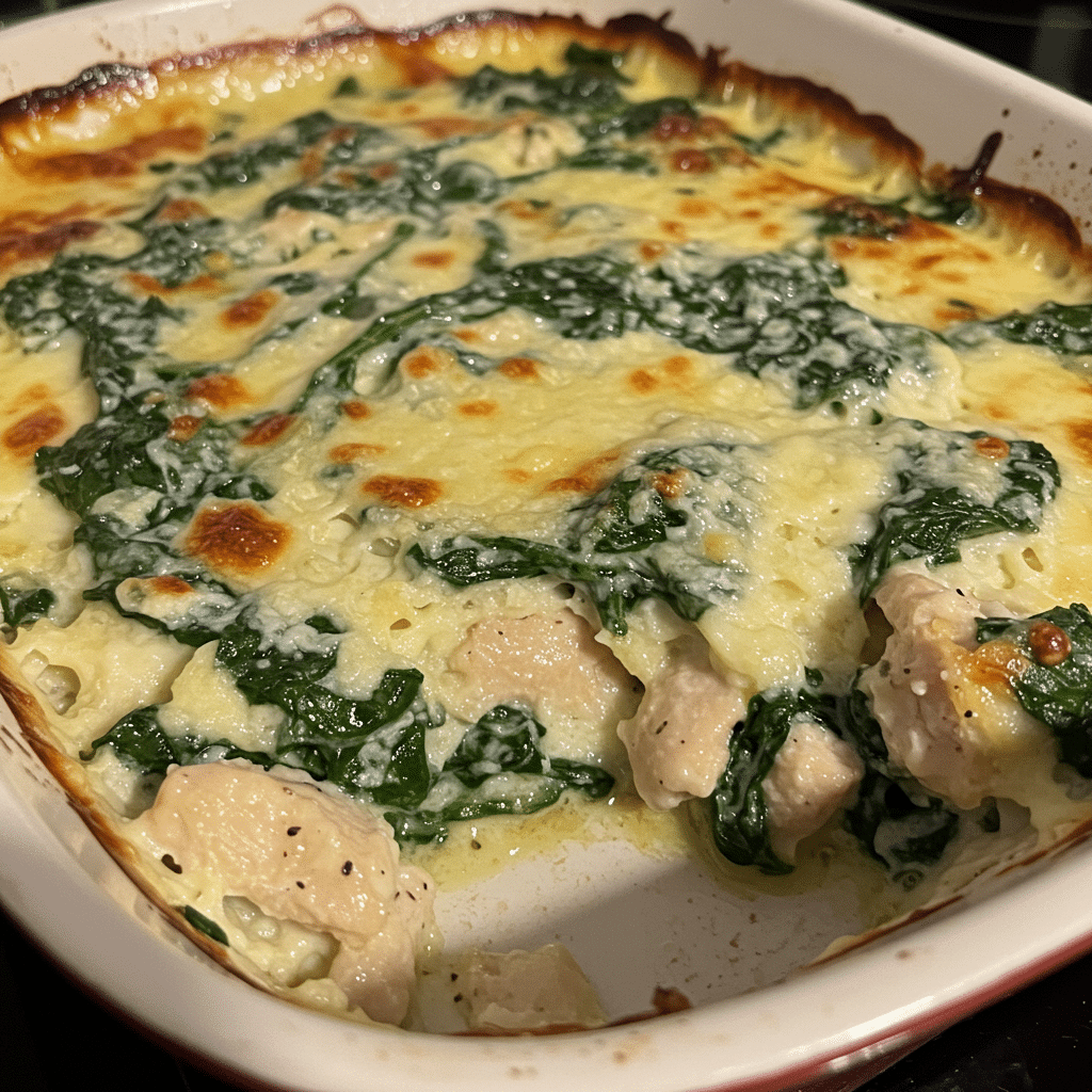 Chicken and spinach casserole in a white baking dish with melted golden cheese on top, served with a wooden spoon