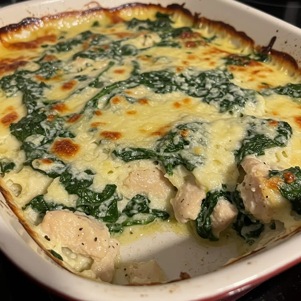 Chicken and Spinach Casserole 6 Chicken and spinach casserole in a white baking dish with melted golden cheese on top, served with a wooden spoon
