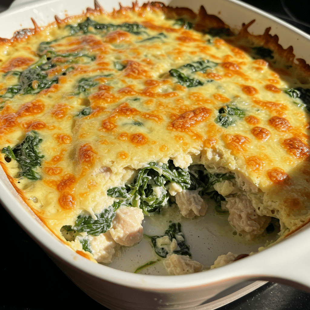 Chicken and spinach casserole in a white baking dish with melted golden cheese on top, served with a wooden spoon