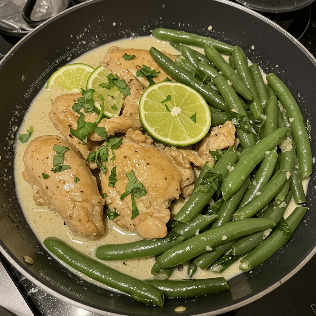 Creamy coconut lime chicken with green beans in a skillet, garnished with fresh cilantro and lime wedges, served over white rice