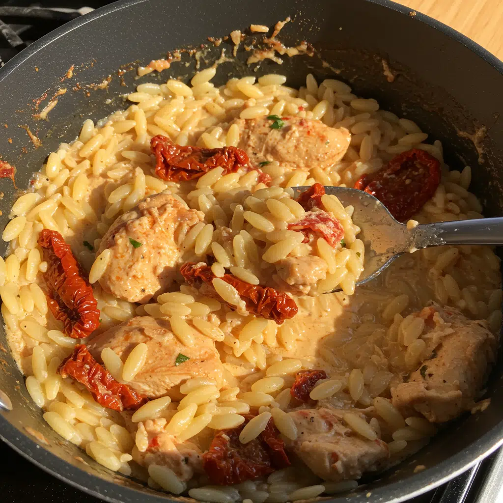 Sun Dried Tomato Chicken Orzo 7 Creamy sun dried tomato chicken orzo in a black skillet with golden seared chicken breasts nestled in orzo pasta with wilted spinach and sun-dried tomatoes in a rich Parmesan cream sauce, garnished with fresh herbs.