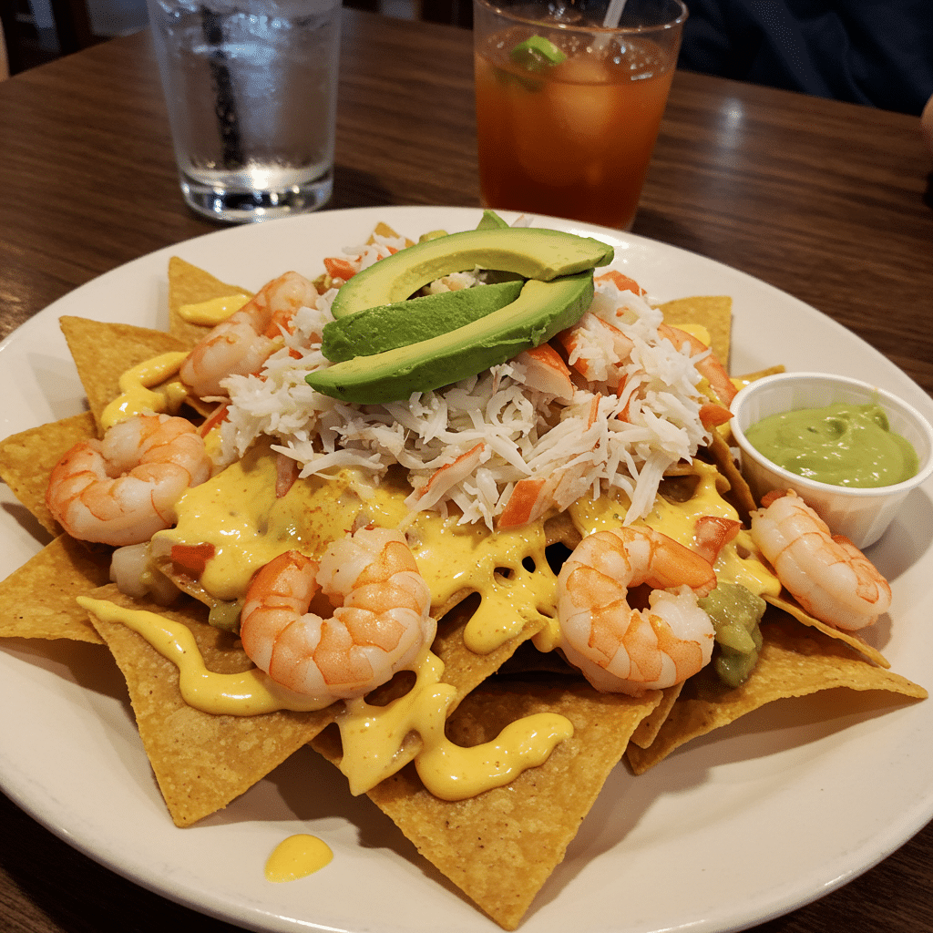Golden tortilla chips loaded with melted cheese, pink shrimp, and lump crab meat, garnished with fresh cilantro and green onions on a white platter