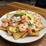 Golden tortilla chips loaded with melted cheese, pink shrimp, and lump crab meat, garnished with fresh cilantro and green onions on a white platter