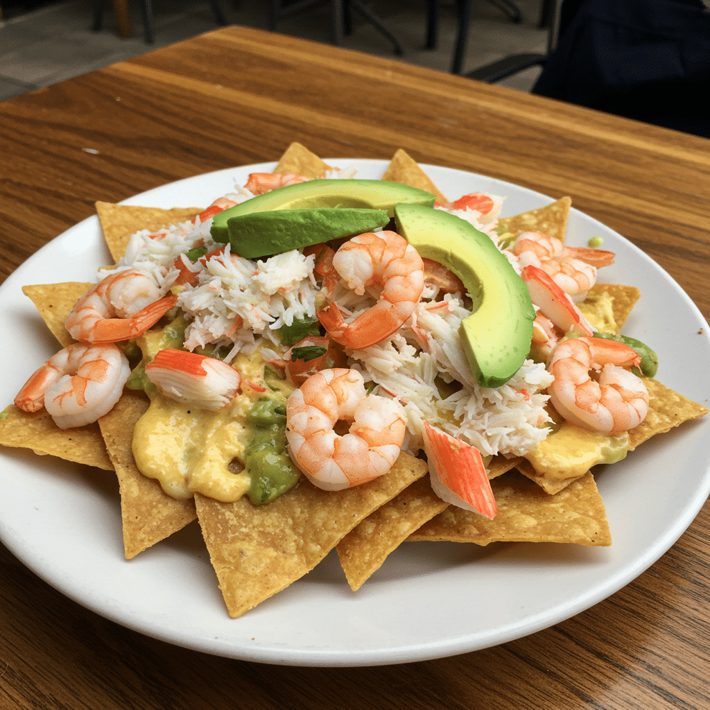 Golden tortilla chips loaded with melted cheese, pink shrimp, and lump crab meat, garnished with fresh cilantro and green onions on a white platter