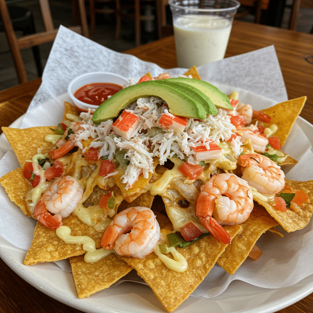 Golden tortilla chips loaded with melted cheese, pink shrimp, and lump crab meat, garnished with fresh cilantro and green onions on a white platter
