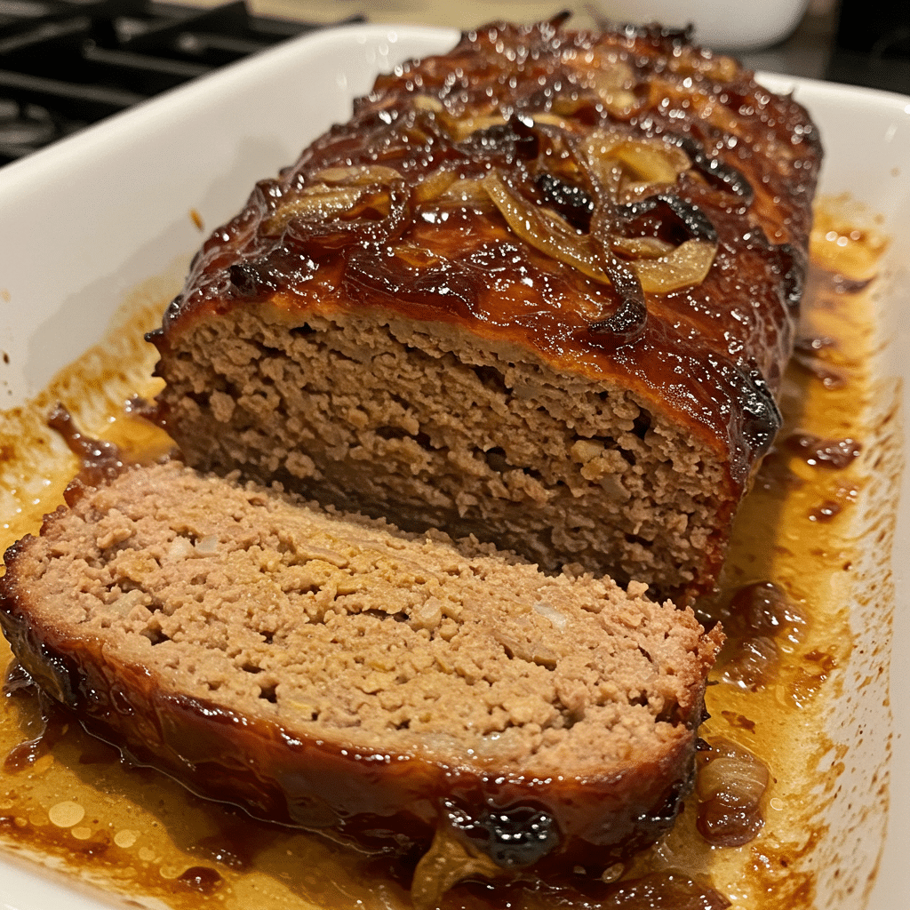 Sliced French onion meatloaf on a white serving platter with caramelized ketchup glaze on top, garnished with fresh parsley