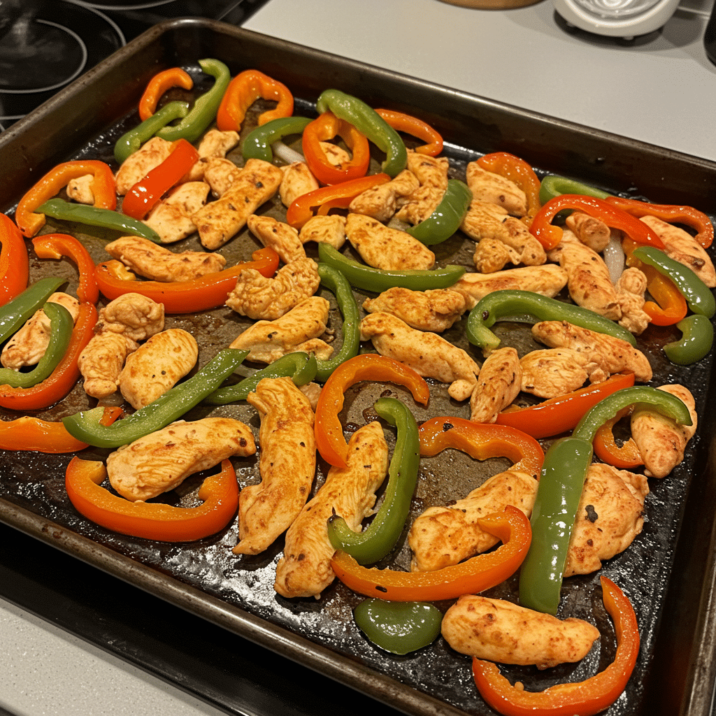Easy Sheet Pan Chicken Fajitas – tender chicken, sweet peppers, and caramelized onions roasted to perfection in one pan! Minimal cleanup, maximum flavor. Perfect for busy weeknights!