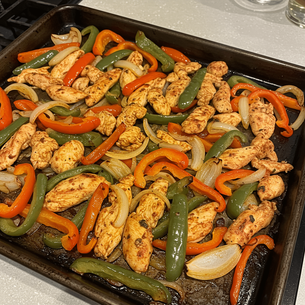 Easy Sheet Pan Chicken Fajitas – tender chicken, sweet peppers, and caramelized onions roasted to perfection in one pan! Minimal cleanup, maximum flavor. Perfect for busy weeknights!