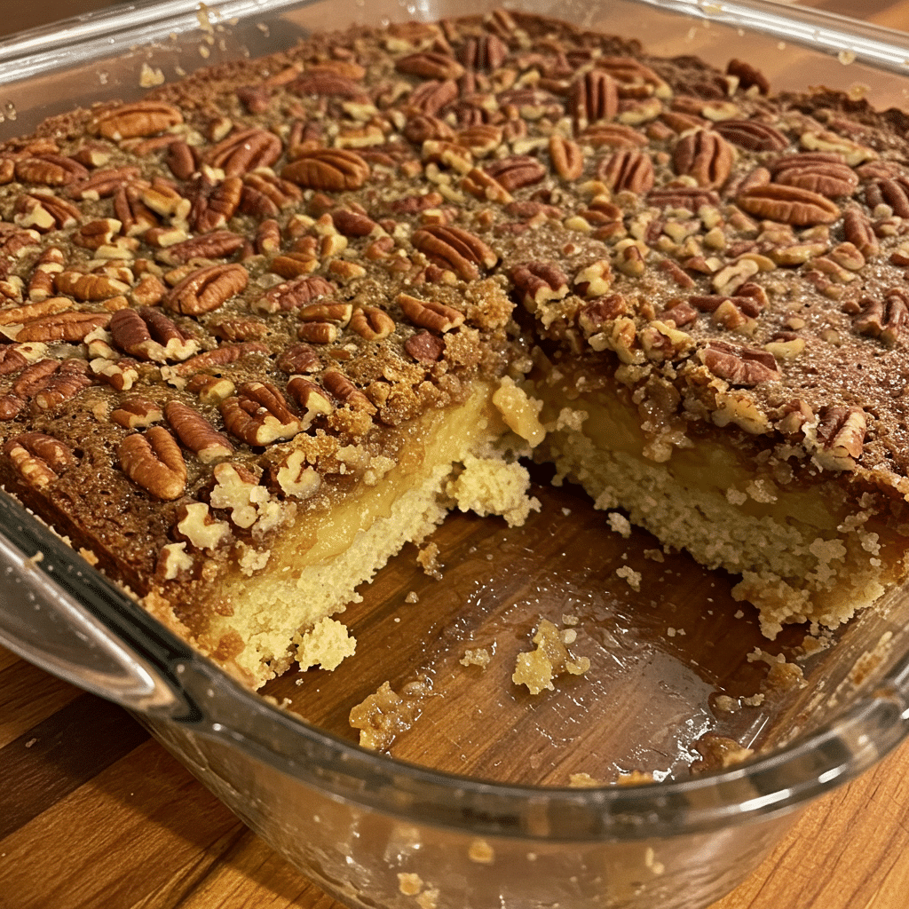 Pecan pie dump cake in a white baking dish with golden brown topping covered in toasted pecans, showing gooey caramel filling underneath, served with vanilla ice cream