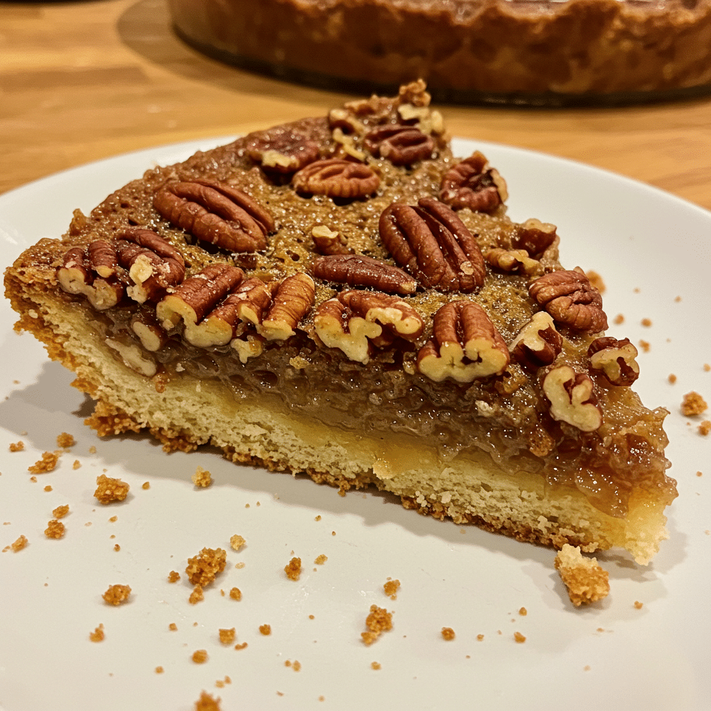 Pecan pie dump cake in a white baking dish with golden brown topping covered in toasted pecans, showing gooey caramel filling underneath, served with vanilla ice cream