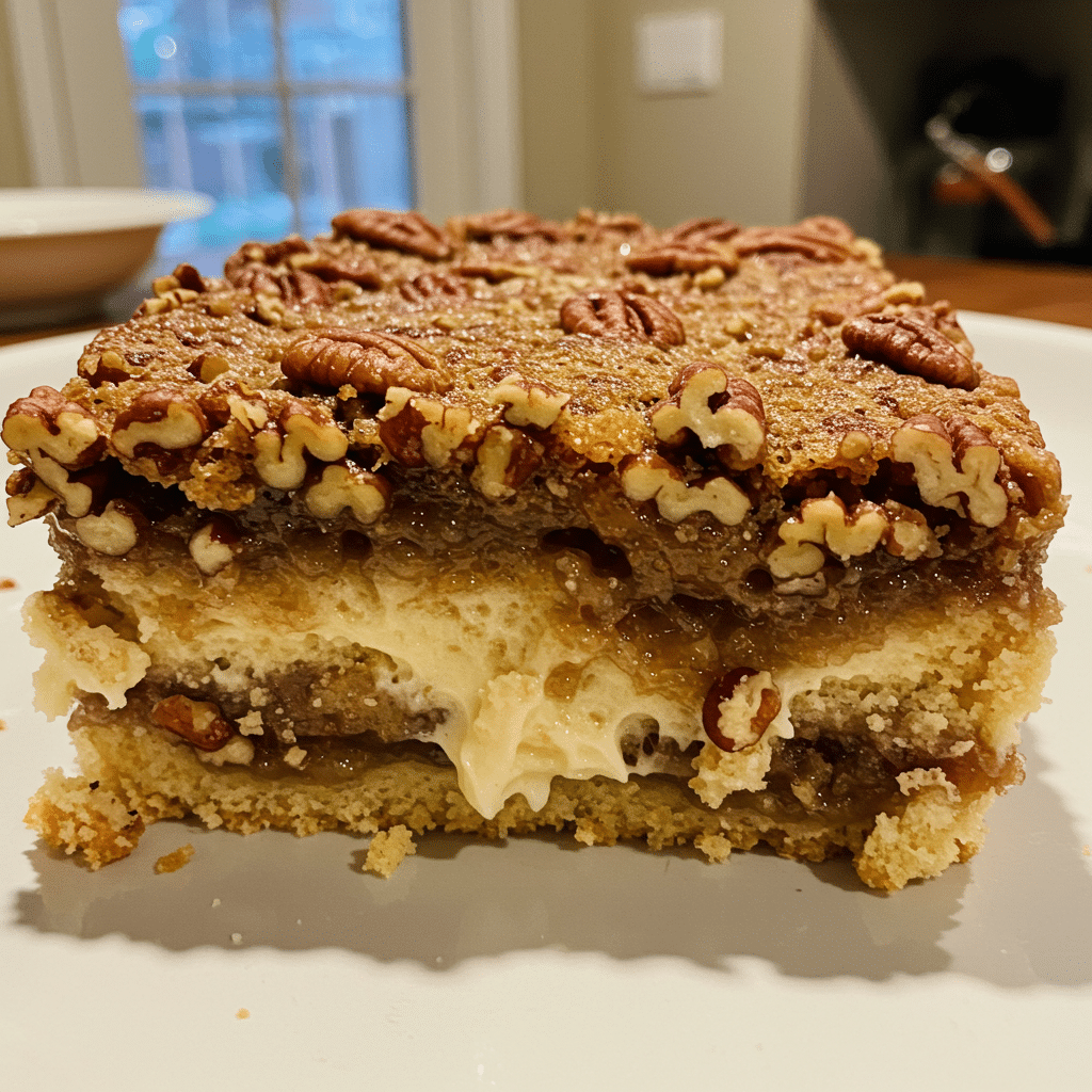 Pecan pie dump cake in a white baking dish with golden brown topping covered in toasted pecans, showing gooey caramel filling underneath, served with vanilla ice cream