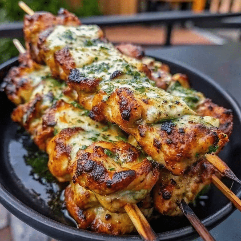 Juicy ranch garlic parmesan chicken skewers on a white platter drizzled with golden butter sauce and garnished with fresh parsley and grated cheese