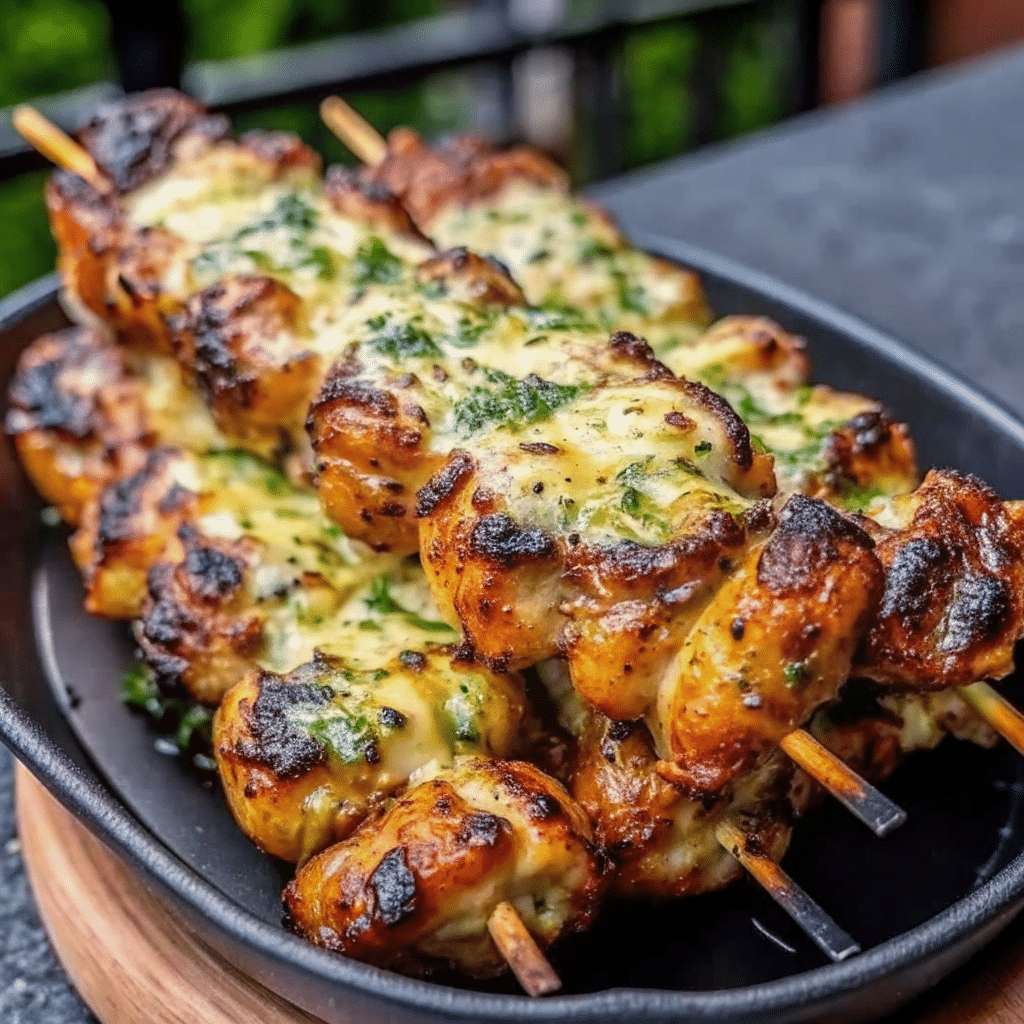 Juicy ranch garlic parmesan chicken skewers on a white platter drizzled with golden butter sauce and garnished with fresh parsley and grated cheese