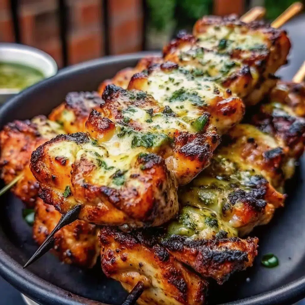 Juicy ranch garlic parmesan chicken skewers on a white platter drizzled with golden butter sauce and garnished with fresh parsley and grated cheese