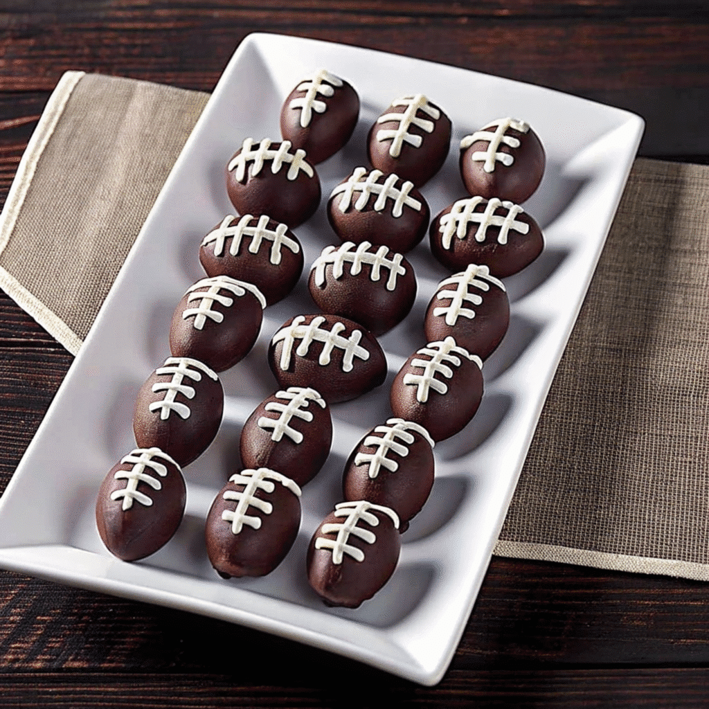 No-bake Football Oreo Truffles with just 3 ingredients! Crushed Oreos, cream cheese, and chocolate make the perfect game day dessert.