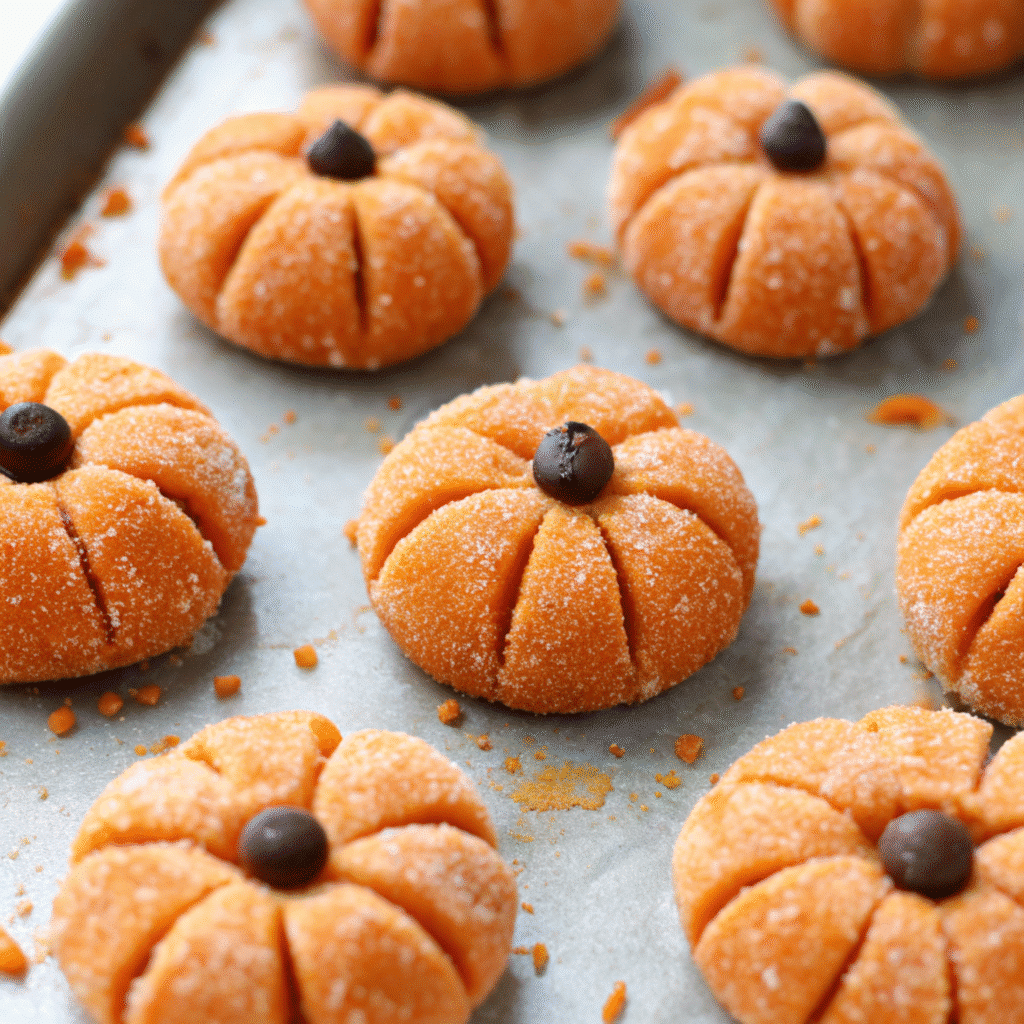 Pumpkin cheesecake truffles coated in white chocolate and sprinkled with pumpkin spice.