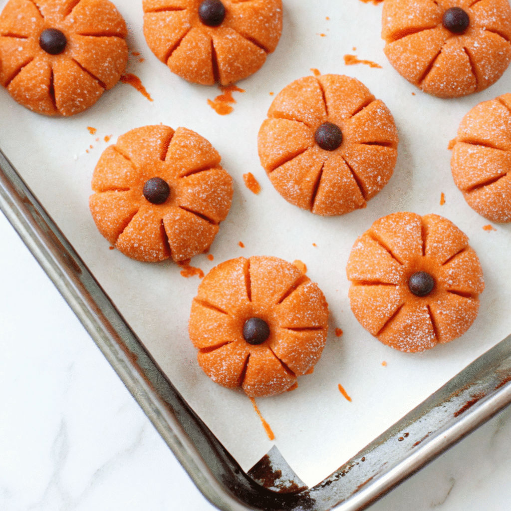Pumpkin cheesecake truffles coated in white chocolate and sprinkled with pumpkin spice.