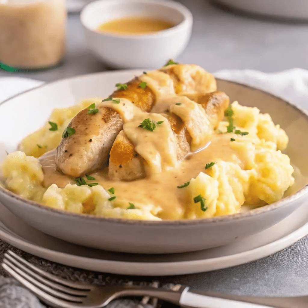 tender chicken breast with golden-brown crust served over creamy mashed potatoes, covered in rich mustard cream sauce and garnished with fresh parsley on a white plate