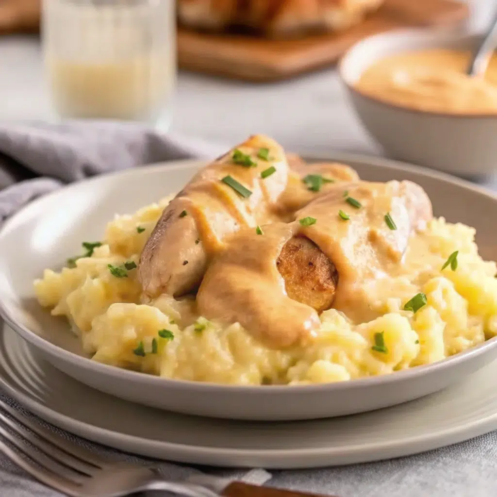 Chicken with Mashed Potatoes 6 tender chicken breast with golden-brown crust served over creamy mashed potatoes, covered in rich mustard cream sauce and garnished with fresh parsley on a white plate