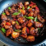 A plate of glossy Black Pepper Chicken stir-fry with colorful bell peppers and onions over white rice, garnished with visible black pepper flakes