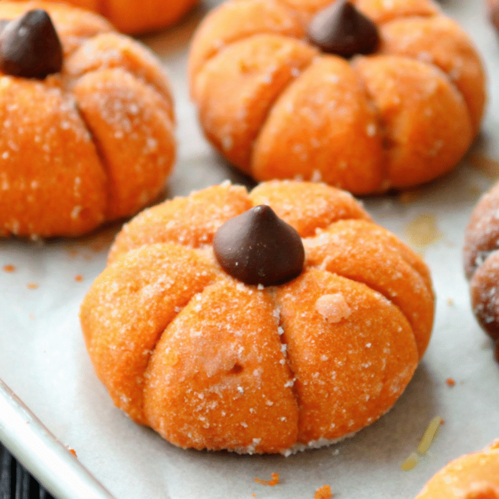 Pumpkin cheesecake truffles coated in white chocolate and sprinkled with pumpkin spice.